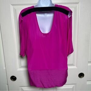 S.Y.L.K. 100% Silk Blouse Magenta Pink V-Neck Flutter Sleeve Top Womens Small